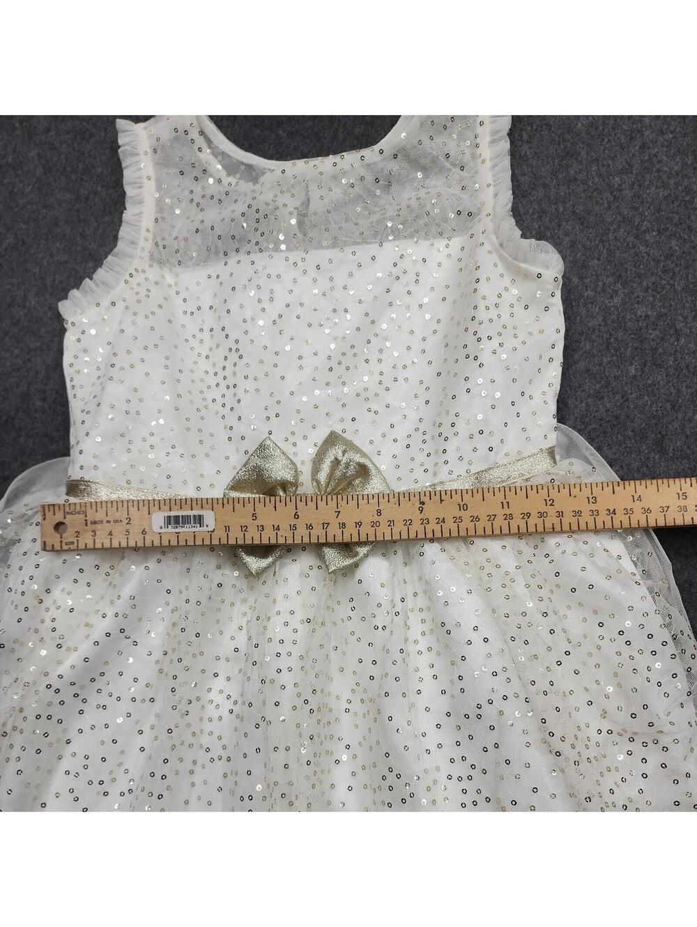 Sleeveless Ivory Girls Formal Dress Size 8 Tulle Gold Glitter Dots Petticoat Bow - Picture 4 of 6